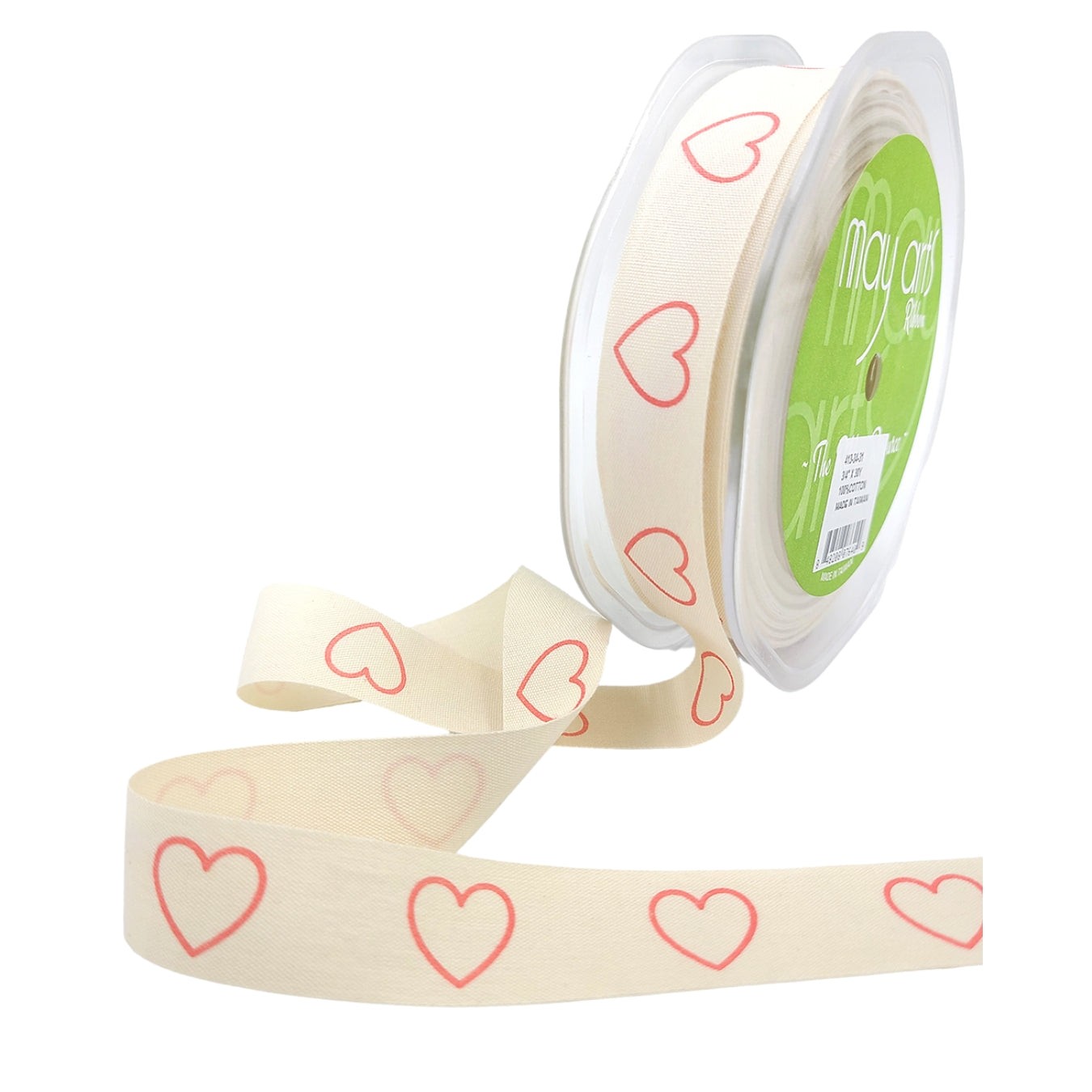 Ivory Canvas Hearts Printed Ribbon with Woven Edge, 3/4 Inch, 30 yards