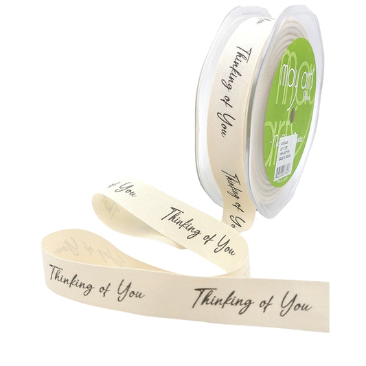 Ivory Canvas Thinking Of You Printed Ribbon with Woven Edge, 3/4 Inch, 30 yards