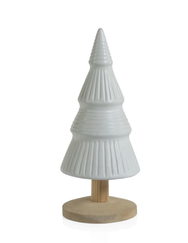 Alpine Ceramic Tree on Natural Wood Base - White - 7.5 in