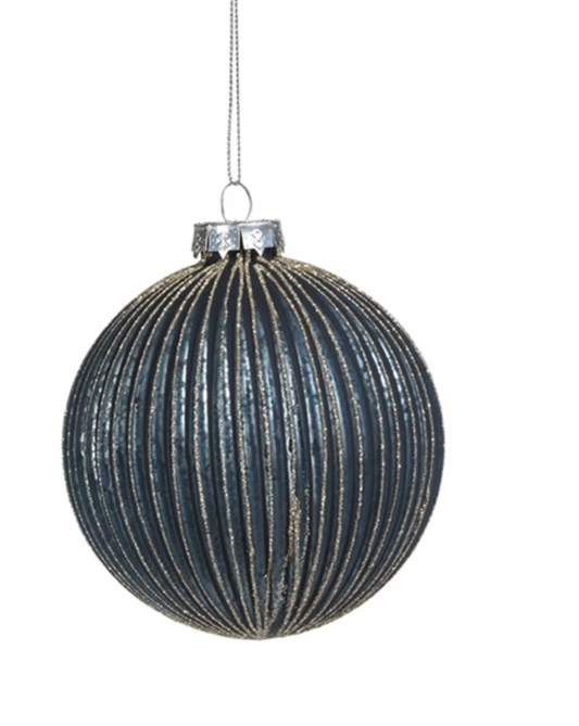 Blue Glass Ball Christmas Ornament Champagne Glitter - 4"