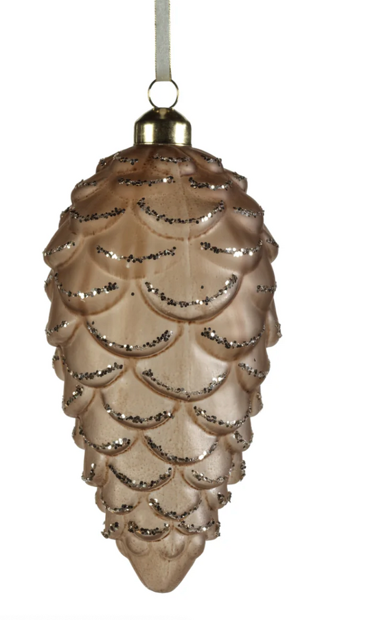 Frosted Glass Pine Cone with Glitter Trim Christmas Ornament - Light Brown