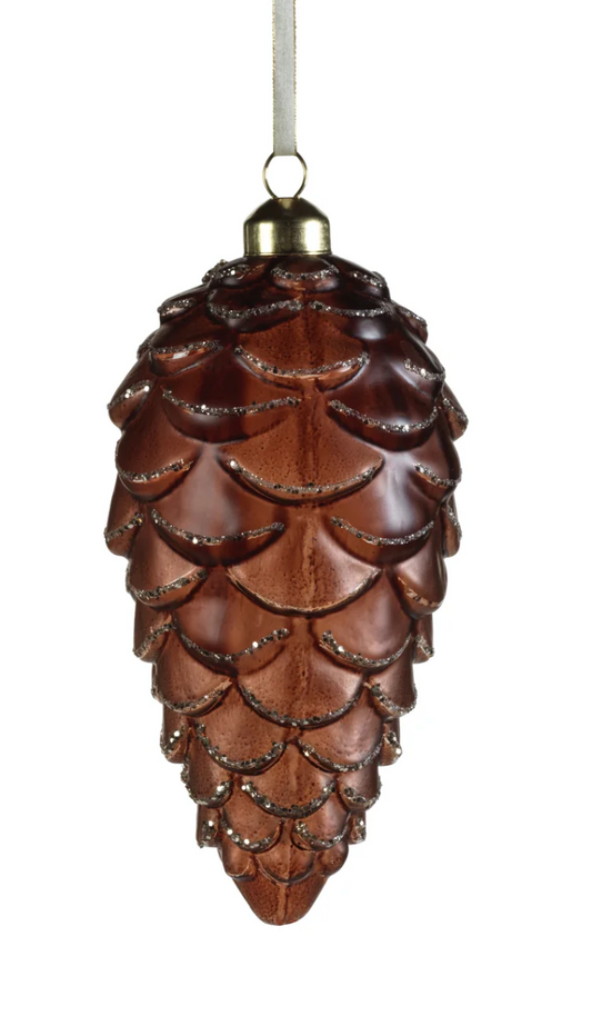 Frosted Glass Pine Cone with Glitter Trim Christmas Ornament - Dark Brown