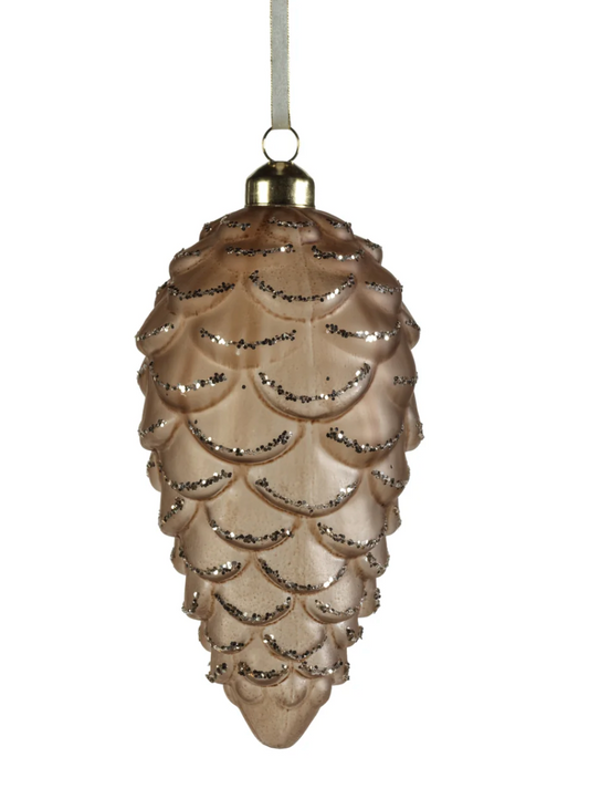 Frosted Glass Pine Cone with Glitter Trim Christmas Ornament - Light Brown