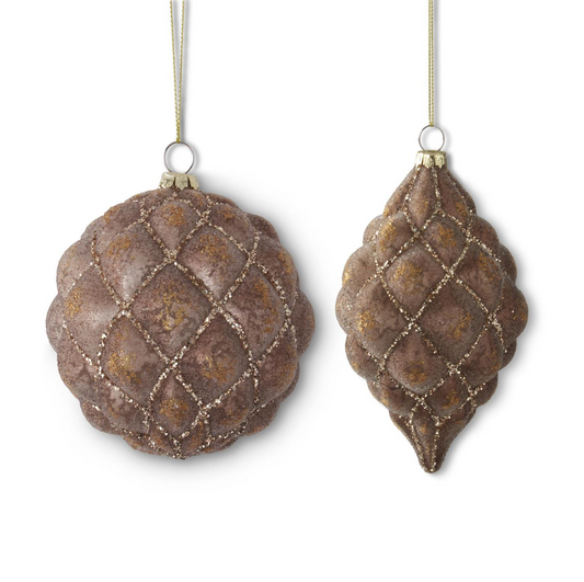 Assorted Glittered Brown Quilted Glass Ornamen