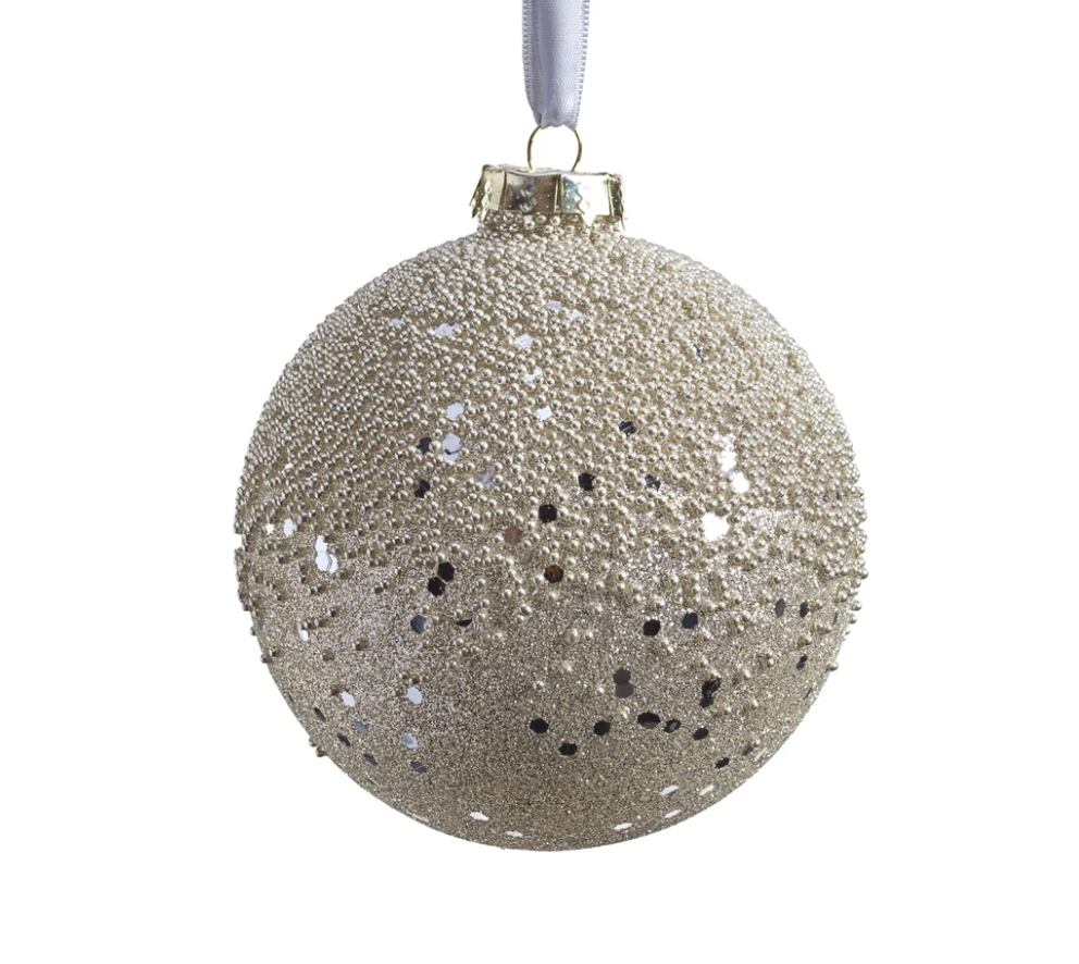 Silver Beaded Glass Christmas Ornament 4.75"