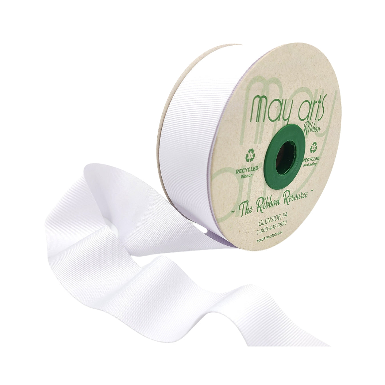 Eco-Friendly Recycled Grosgrain Ribbon with Woven Edge, White, 1.5"