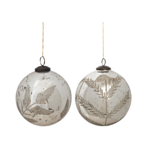 6" Round Mercury Glass Ball Ornament w/Etched Botanical, Distressed Silver Finish - 2 Styles